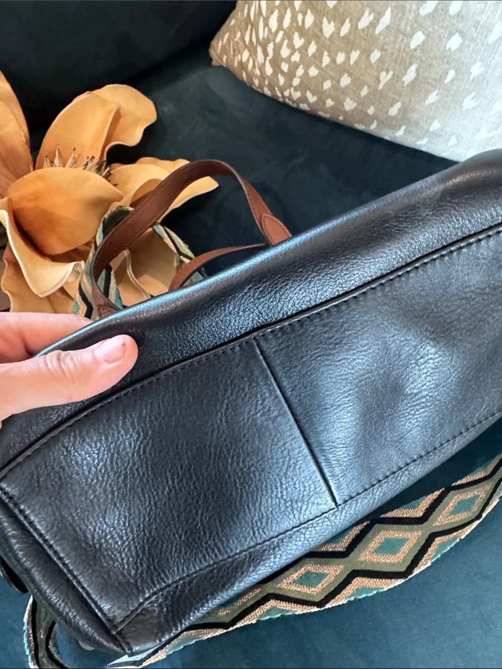 Black Leather Satchel with Detachable Patterned Strap